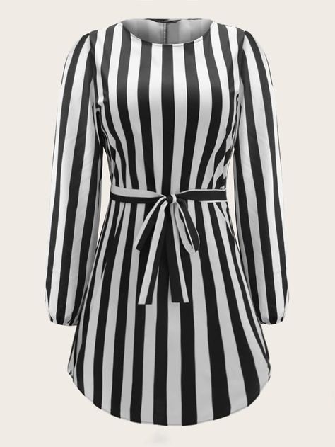 Plus Striped Belted Tunic Dress | SHEIN USA Belted Tunic, Type 4, Dress P, Tunic Dress, Plus Size Dresses, Sleeve Blouse, Dresses For Work, Dresses With Sleeves, Long Sleeve Blouse