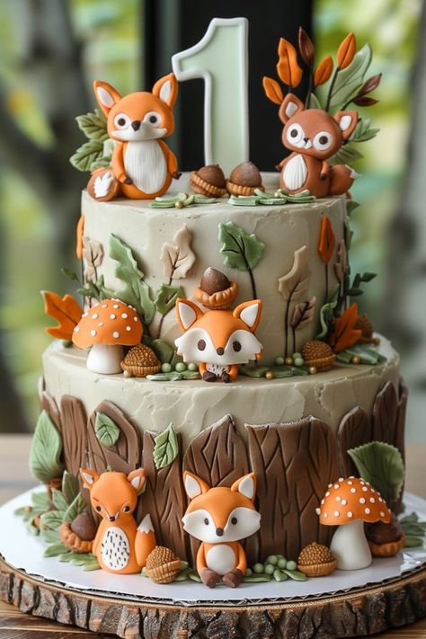 25 1st Birthday Cake Ideas for Your Little One's Big Day Woodland Birthday Party Cake, 1st Birthday Cake Ideas, 1st Birthday Cake Designs, Woodland Characters, Fondant Numbers, Paisley Cake, Birthday Cake Designs, Vintage Circus Theme, Princess Castle Cake