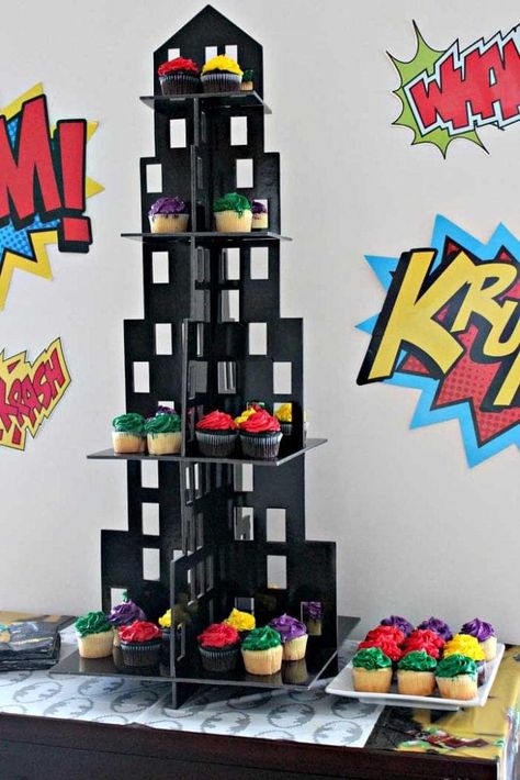 Cupcake Tower for Superhero Party Lego Batman Birthday Party, Superhero Party Ideas, Lego Batman Birthday, Marvel Birthday Party, Marvel Party, Pj Masks Birthday, Batman Stuff, Avenger Birthday Party, Batman Birthday Party