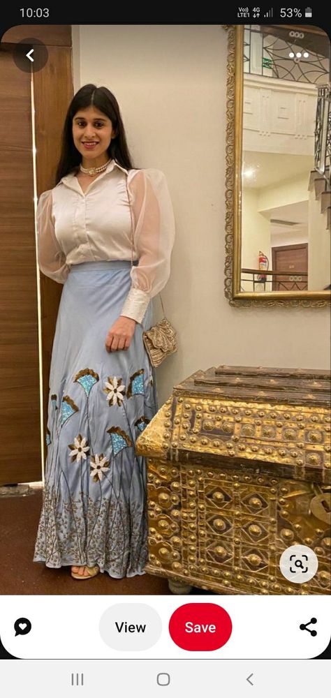 Chaniya With Shirt, Satin Shirt And Skirt Indian Outfit, Puffed Hands Blouse, White Top Blue Skirt, Puffed Sleeve Shirt Outfit, White Shirt With Lehenga, Organza Sleeves Style Blouse, Skirt Top Designs For Women, Satin Shirt With Lehenga