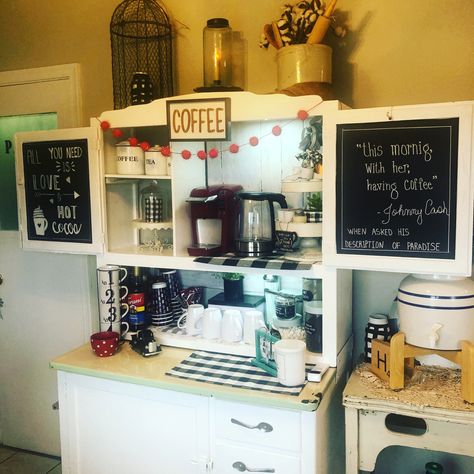 Hoosier Cabinet Coffee Bar Hoosier Coffee Bar, Hoosier Cabinet Coffee Bar Ideas, Bakers Cabinet, Cabinet Coffee Bar, 1940s Decor, Tea Cabinet, Hoosier Cabinet, Coffee Bars, Coffee Station