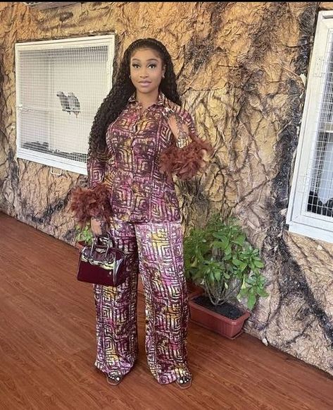 2 Piece Ankara Outfit Set Pants, Ankara Two Piece, Ankara Pattern, Palazzo Outfit, Ankara Pants, Dress For Church, Couples African Outfits, Lace Kaftan, Ankara Dress Designs