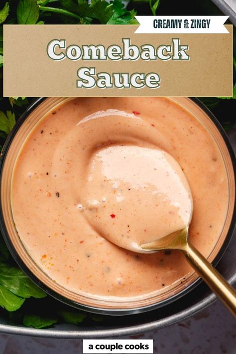 This Comeback Sauce recipe will have you coming back for more! It’s a creamy, zingy sauce perfect for dipping fries or slathering on burgers or sandwiches. Pop over to our site for the recipe! Come Back Sauce Recipe, Comeback Sauce Recipe, Vegan Dressing Recipes, Cold Dip Recipes, Comeback Sauce, Vegetarian Bbq, Winter Salad Recipes, A Couple Cooks, Vegan Recipes Plant Based