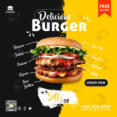 Delicious Burger Social Media Promotion Poster Desgin (Food Poster)#pikbest#Templates#Others Burger Poster Design, Burger Social Media Post, Promotional Poster Design, Burger Poster, Poster Restaurant, Advertisement Ideas, Restaurant Promotions, Cheese Buns, Template Food