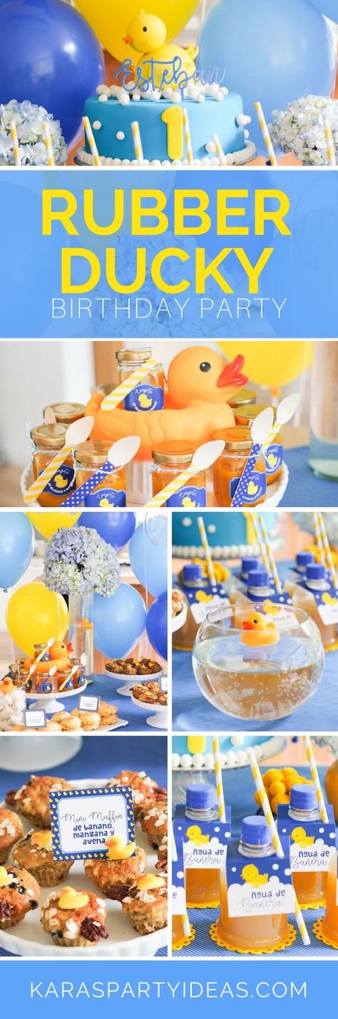 Rubber Ducky Birthday Party via Kara's Party Ideas - KarasPartyIdeas.com Rubber Duckie Birthday Party, Rubber Ducky Themed 1st Birthday, Rubber Duck Party Food, Rubber Ducky Youre The One Birthday, Duckie Birthday Party, Rubber Duck 1st Birthday Party, Rubber Duck Themed Birthday Party, Duck First Birthday Party Boy, Duck Party Ideas