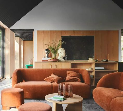 Amber Sofa Living Room, Terracota Sofa Living Room Ideas, Rust Orange Sofa, Colorful Living Room Grey Couch, Rust Sofa Living Room, Burnt Orange Couch Living Room, Orange Sofa Living Room, Rust Couch, Orange Couch Living Room