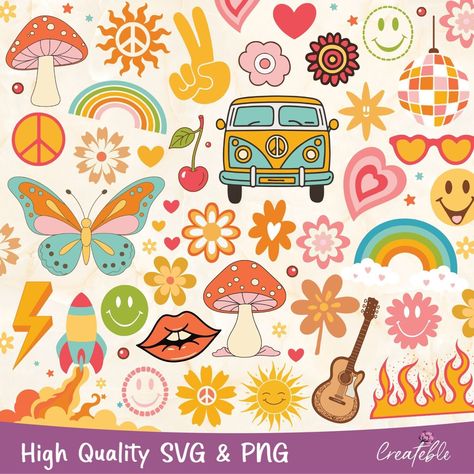 Groovy Clipart, Learning Diary, Groovy Mushroom, Groovy Flowers, Boho Rainbows, Rainbow Peace, Hippie Designs, Retro Daisy, Hippie Van