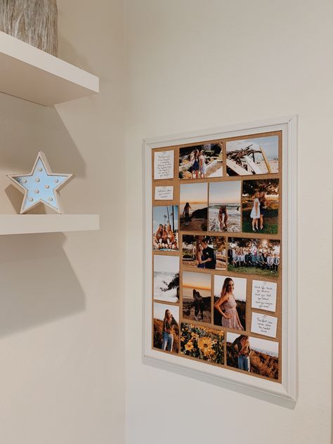 Picture Dorm Room Ideas, Picture Collage Desk, Dorm Pictures On Wall, College Dorm Picture Collage, College Dorm Room Picture Ideas, College Dorm Photo Display, Dorm Room Picture Wall Ideas Cork Boards, Photo Bulletin Board Ideas Bedroom, Ways To Display Photos In Bedroom