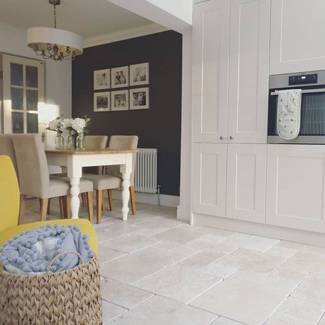 Libbi Williams on Instagram: “All tidied up after the whirlwind toddler this morning... How does she manage to make so much mess in the 45mins from getting up to leaving…” Feature Wall Kitchen Diner, Feature Wall In Kitchen, Feature Wall Kitchen, Farrow Ball Downpipe, Country Kitchen Diner, Wall In Kitchen, Floors Of Stone, Eye Level Ovens, Half Painted Walls