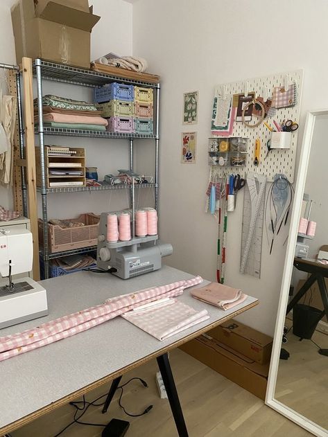 Cute Aesthetic Rooms, Whimsical Clothes, Colourful Clothing, Studio Aesthetic, Design Studio Workspace, Sewing Room Inspiration, Fashion Designer Studio, Sewing Room Design, Sewing Business