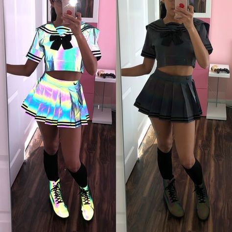 "I love it! This is super cute!   I should’ve order size small though. In this photo I’m holding the skirt on the back with a clip lol. I’ll sew the skirt to be smaller soon." - Erica T. Reflective Rave Outfit, Moon Japanese, Japanese School, 2021 Fashion, Fashion Wishlist, Rave Outfits, Burning Man, Dress With Boots, I Love It