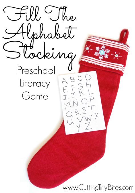 Fill the Alphabet Stocking: Quick and easy Christmas literacy scavenger hunt activity for toddlers or preschoolers. No prep required! Literacy Games Preschool, Tiny Bites, Christmas Literacy, Christmas Preschool, Activity For Toddlers, Literacy Games, Christmas Kindergarten, Preschool Literacy, Christmas Alphabet