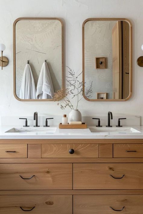 Double Vanity Bathroom Mirror Ideas I Love How To Style A Double Sink Vanity, Double Vanity Round Mirrors, Lighting For Double Sink Vanity, Double Bathroom Sink Ideas, Small Bathroom With Double Vanity, Bathroom With Two Mirrors, Single Mirror Over Double Vanity, Guest Bathroom Vanity Ideas, Double Sink Mirror Ideas