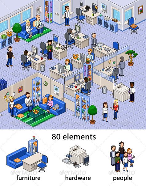 Pixel Art Office Set - PSD Template • Only available here ➝ http://graphicriver.net/item/pixel-art-office-set/144635?ref=pxcr Business Illustrations, Office Themes, Pixel Characters, Pix Art, 5 Elements, Pixel Art Design, Art Office, Video Effects, Office Set