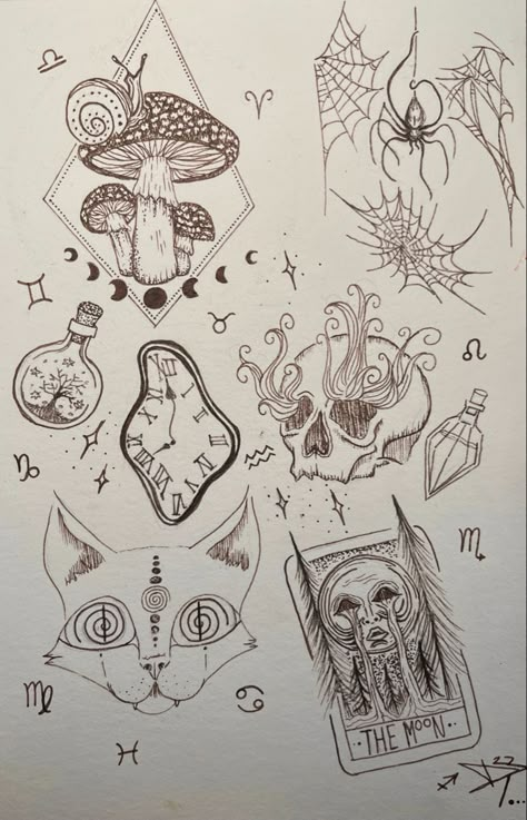 Weird Tattoos Creepy, Mushroom Spider Tattoo, Tattoo Art Sketches, Weird Patchwork Tattoos, Cool Weird Tattoos, Body Art With Pen Tattoo Ideas, Cat Tattoo Patchwork, Creepy Patchwork Tattoo, Pumpkin Mushroom Tattoo