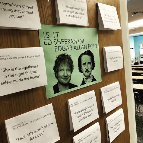 Edgar Allen Poe Bulletin Board, Literature Bulletin Boards High School, Room Bulletin Board Ideas, Room Bulletin Board, High School Bulletin Boards, School Library Decor, School Library Displays, Dream Classroom, Edgar Allen