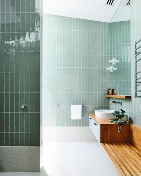 Hunker (@hunkerhome) • Instagram photos and videos Monday Design, Green Subway Tile, Green Tile Bathroom, Bad Inspiration, Melbourne House, Room Tiles, Floating Vanity, Best Bath, Trendy Bathroom