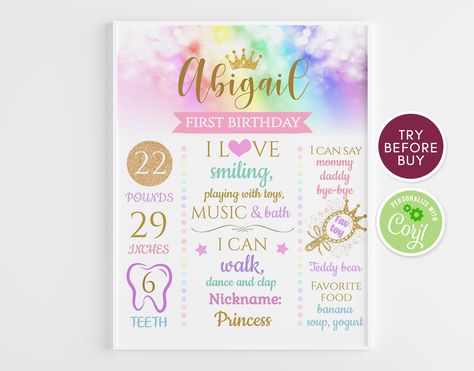 Purple Gold Party, Birth Board, Milestone Chalkboard, First Birthday Board, Princess First Birthday, Crown Diy, First Birthday Posters, Rainbow First Birthday, Pastel Party