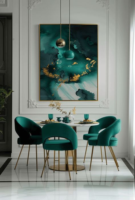 38 Important Art Deco Dining Room Design Ideas You Need To Know - Edward George Emerald Green Living Room, Blue And Gold Living Room, Art Deco Dining Room, Green Living Room Decor, Teal Living Rooms, Art Deco Dining, Gold Living, Gold Living Room, Living Room Green