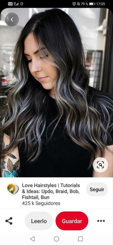 Black Hair Balayage, Hair Color Crazy, Silver Highlights, Black Hair With Highlights, Silver Hair Color, Dark Hair With Highlights, Hair Color Ideas For Brunettes, Hair Color Highlights, Hair Color Balayage