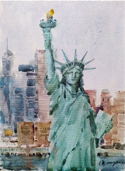 Statue Of Liberty Watercolor, New York Watercolor Painting, Statue Of Liberty Painting, Statue Of Liberty Art, Liberty Wallpaper, New York Watercolor, Liberty Statue, New York Statue, New York Painting