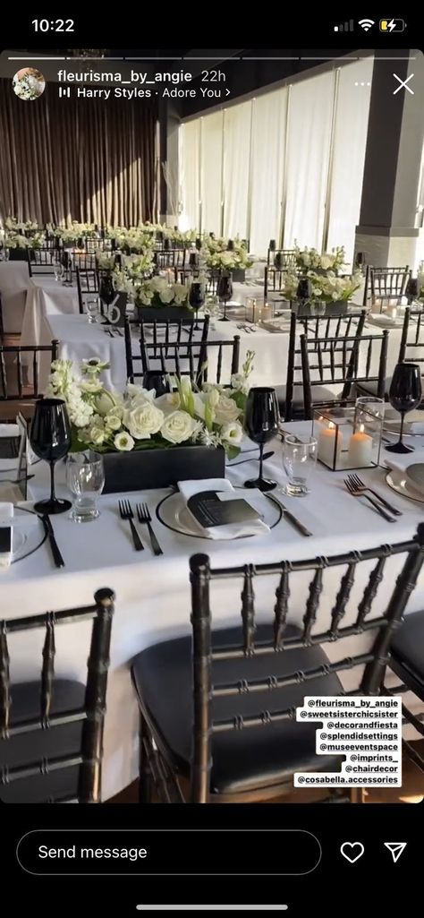 Black And White Wedding Ceremony Outside, Black Tie Wedding Table Decor, Black And White Wedding Tables, Black Gazebo, White Wedding Table Decor, Long Table Centerpieces, Wedding Reception Themes, Long Table Wedding, White Wedding Ceremony