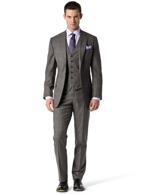 CHARCOAL GLEN PLAID W/PURPLE DECO Mens Tailored Suits, Custom Tailored Suits, Three Piece Suits, Mens Tailor, Mens Blazer Jacket, Southern Shirts, Elegant Office, Glen Plaid, Bespoke Tailoring