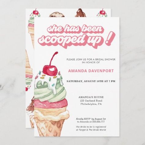 $2.77 | Ice Cream Bridal Shower scooped up | Bridal Shower Invitations | ice cream bridal shower, scooped up bridal shower, she has been scooped up, summer bridal shower, pink ice cream, pastel ice cream, watercolor ice crea, bridal shower invitation, bridal brunch, bridal party Summer Birthday Party Invitations, Ice Cream Pink, 12 Birthday, Ice Crea, Ice Cream Theme, White Bridal Shower, Summer Bridal Showers, Summer Birthday Party, Ice Cream Birthday