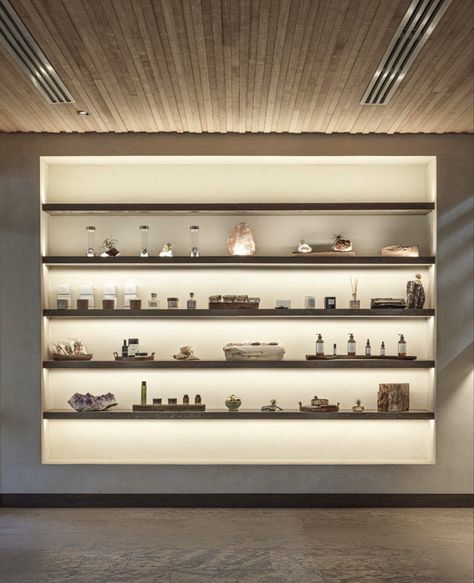 Built In Retail Shelving, Retail Wall Displays, Wellness Sanctuary, Shelving Display, Glass Cabinets, Wall Niche, Dining Design, Cove Lighting, Diy Tops