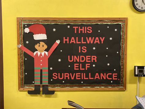 Elf surveillance Board Elf Bulletin Board Ideas, Elf Bulletin Board, Elf Surveillance, Christmas Boards, Elf Shelf, Christmas Bulletin Board, Christmas Bulletin, Library Boards, Christmas Board