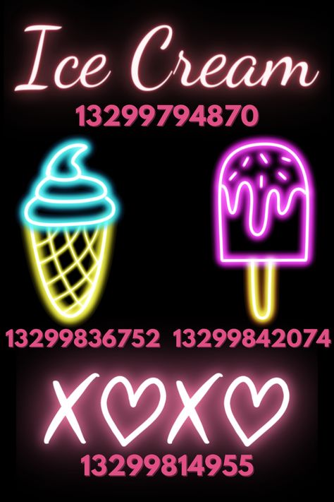 You can pair these with the ice cream parlor signs I made<3 check out my other posts to see them! The neon signs work well without a light behind tbh. I was surprised it actually looked like it was glowing in-game. Use the transparent decal object for the neon signs! #roblox #bloxburg #bloxburgdecals #bloxburgicecream Love Island Bloxburg Decals, Ice Decal Bloxburg, Neon Bloxburg Decals, Bloxburg Ice Cream Truck, Ice Spice Decals Bloxburg, Neon Sign Decal Bloxburg, Ice Cream Parlor Decals Bloxburg, Bloxburg City Sign Decal Codes, Ice Cream Parlor Bloxburg