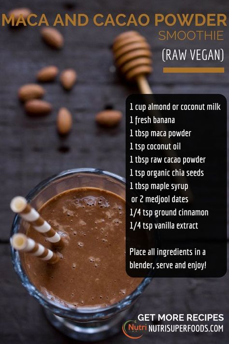 Maca Drink Recipes, Healthy Cacao Drink, Cacao Smoothie Recipes, Cacao Drink Recipes, Cacao Powder Smoothie, Maca Powder Smoothie, Maca Shake, Maca Smoothie Recipes, Maca Powder Recipe