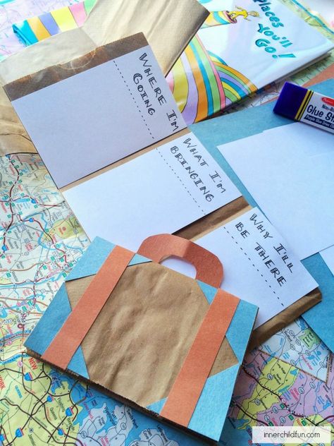 Oh, the Places You'll Go! Craft and Writing Activity (use the suitcases for T's birthday??) Suitcase Craft For Kids, Oh The Places Youll Go Craft, Suitcase Craft, Holiday Suitcase, Dr Seuss Activities, Seuss Classroom, Seuss Crafts, Dr Seuss Week, Paper Bag Crafts