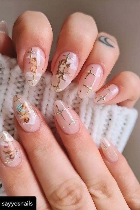 Nowadays, nail art has become more than just accessories to complete your outfits. It has become a way of showing your personality… Angel Nail Designs, Cherub Nails, Angelic Nails, Nail Top Coat, Heavenly Nails, Boujee Nails, Nail Stickers Designs, Nail Base, Angel Nails