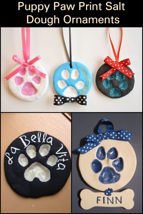 Make Art with Your Fur Babies by Creating Adorable Puppy Paw Print Salt Dough Ornaments! Paw Print Crafts, Paw Crafts, Puppy Paw Print, Puppy Crafts, Paw Print Art, Salt Dough Crafts, Paw Print Ornament, Handprint Ornaments, Puppy Paw Prints