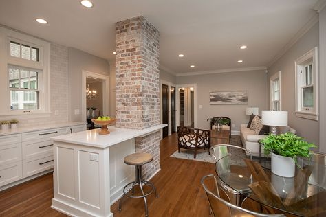 Kitchen With Chimney In Middle, Fireplace Middle Of Room, Post Kitchen Island, Historic Home Kitchen, Exposed Chimney, Historical Kitchen, Exposed Brick Kitchen, Kitchen Restoration, Dated Kitchen