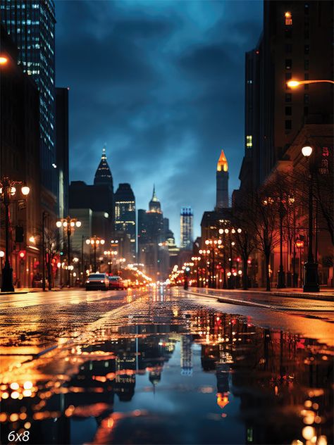 Nighttime Cityscape Photography Backdrop - A city street at night with a lit skyline and reflections on wet pavement High Contrast Aesthetic, City At Night Photography, Evening City Aesthetic, Ciudades Aesthetic, City Scape Night, City Night Photography, Night City Landscape, City Lights Aesthetic, Night City Aesthetic