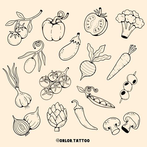 Fruit And Veggie Tattoo, Chickpea Tattoo, Tiny Food Tattoos, Food Flash Tattoo, Fun Flash Tattoo, Produce Tattoo, Easy Flash Tattoo, Veggie Tattoo, Breakfast Tattoo