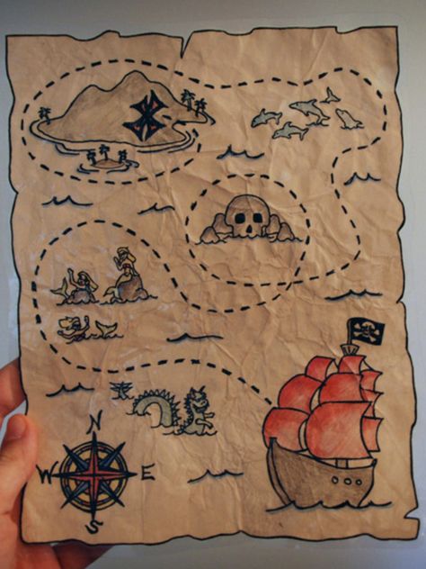 Pirate Ship Cartoon Drawing, Treasure Map Art Project, Diy Pirate Treasure Map, Pirate Ship Doodle, Diy Pirate Map, Pirate Drawing Ideas, Pirate Aesthetic Drawing, Pirate Maps For Kids, Aesthetic Map Drawing