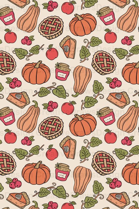 A High Quality Digital Seamless Pattern of Pumpkin, Apple, Pie and Jelly. This Pumpkin Pie Digital Repeating Digital Paper File is perfect for Fall and Thanksgiving. A Seamless Pattern Design by CreativeDrawsDesign for Personal and Commercial use. Colourful Apple Pie Surface Pattern. Thanksgiving Seamless Pattern, Pickle Background, Pie Background, Pumpkin Pie Art, Cute Thanksgiving Wallpaper, Apple Pie Designs, Pumpkin Apple Pie, Autumn Widgets, Pie Wallpaper