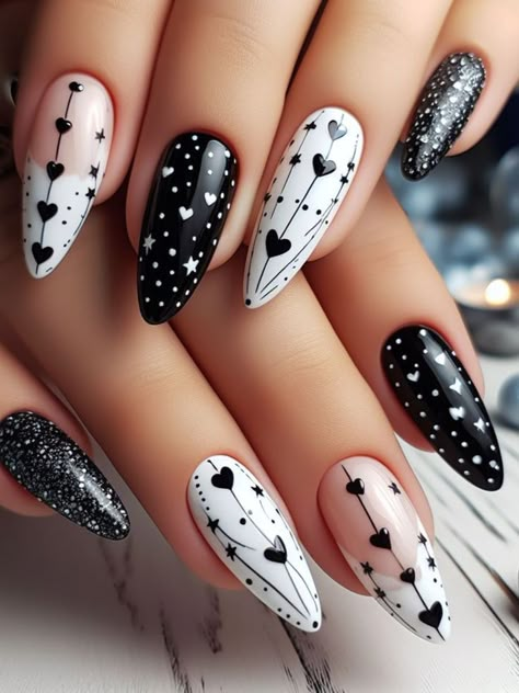 A whimsical black and white nail design featuring tiny hearts and stars, adding a touch of playfulness to the fingertips Moon And Stars Nail Designs, Nail Art Designs Birthday, Black Nails With Heart, Stars Nails Design, Black And White Nail Design, Music Nail Art, White Nail Design, Matte White Nails, Music Nails