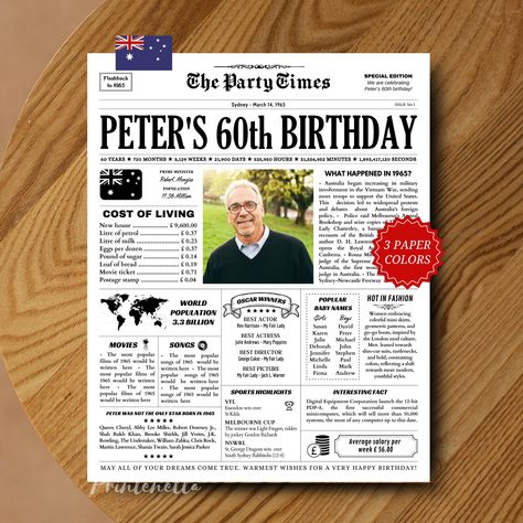 Personalised 60th Birthday Gift, 1965 60th Birthday in Australia, Printable 60th Birthday Decorations, Back In 1965 Newspaper Poster Aussie Back In 1965 Poster, Birthday Ideas For Dad, 60th Birthday Ideas For Dad, Back In 1965, Newspaper Poster, 60th Birthday Decorations, 60th Birthday Gifts, Dad Birthday, 60th Birthday