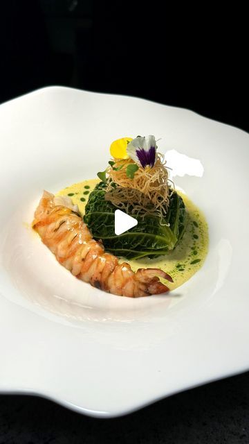 The Boujee Foodie on Instagram: "Smoked Lobster and Prawn dish, finished with herbal cream sauce that is absolutely amazing! ♥️ 🦞 🍃 Australian Lobster Tails not crayfish tails as typically used interchangeably. 

Lobster is sous vide, cabbage is tension wrapped savoy with garlic tiger prawns. A sauce made with champagne vinegar, shallot and herb oil infused with lime zest and confit garlic. 

The smokiness in the lobster was just so beautiful. Recommending to pour a beautiful Sav Blanc and have yourself an amazing dish. 🍽️ 

#lobster #lobstertail #sousvide #poached #prawns #seafoodlover #creamy #herbs #lobsters #smoked #plating #theartofplating" Lobster Tail Plating, Poached Prawns, Smoked Lobster, Crayfish Tails, Confit Garlic, Tiger Prawns, Prawn Dishes, Herb Oil, Champagne Vinegar