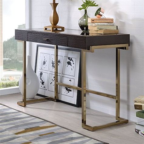 ACME Furniture Acme 92336 Boice Desk, Espresso PU & Champagne, One Size Smoky Mirror, Curio Cabinet Decor, Bean Bag Living Room, Changing Table Pad, Contemporary Home Office, Contemporary Desk, Office Colors, Chair Storage, Living Room Bench