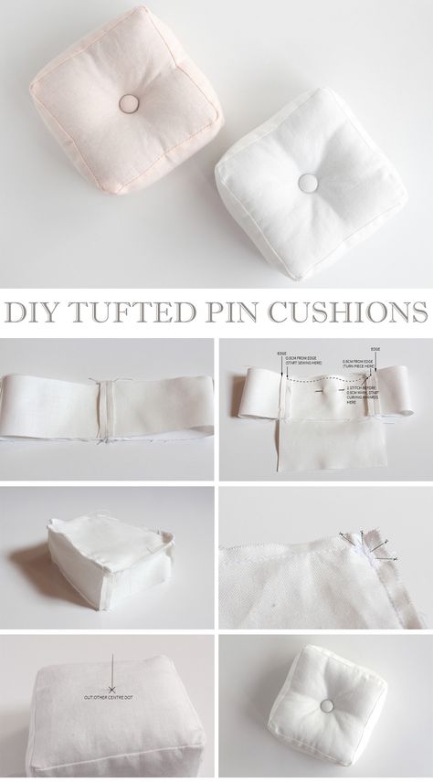 Cute Tufted Pin Cushions Tutorial Sewing Mini Pillows, Tufted Cushion Diy, Homemade Pin Cushions How To Make, Pin Cushion Sewing Pattern, Sewing Pin Cushion Diy, How To Make Pin Cushions, Sewing Ideas Gifts, Small Pillows Diy, How To Make A Cushion