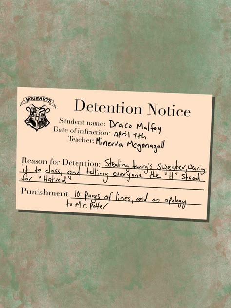 Hogwarts Detention, Slytherin Winter Aesthetic, Hogwarts Detention Slips, Draco Malfoy Letter, Drarry Aesthetic, Harry Potter Letter, Hogwarts Library, Harry Potter Print, Draco Malfoy Aesthetic