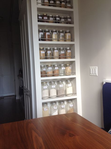 Mason Jar Shelf Kitchen, Jar Shelf Kitchen, Mason Jar Seasoning Storage, Jar Shelves, Mason Jar Kitchen Storage, Jar Pantry, Storage Jars Kitchen, Mason Jar Spice Storage, Mason Jar Storage Ideas Organizations