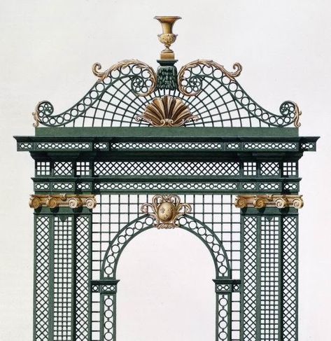 Treillage or Trellis comes from the Latin trilicius , meaning 'three threads'. This is the almost woven nature of the lattice work of iro... Railing Design, Banquet Hall, Oscar Wilde, Art References, Railing, Lattice, 3d Art, Grape Vines, Gazebo