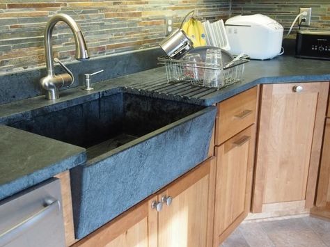 All You Need to Know About Soapstone Countertops | Soapstone Kitchen, Slate Countertop, Soapstone Counters, Trendy Kitchen Tile, Shiplap Backsplash, Soapstone Countertops, Farmhouse Backsplash, Countertop Ideas, Beadboard Backsplash