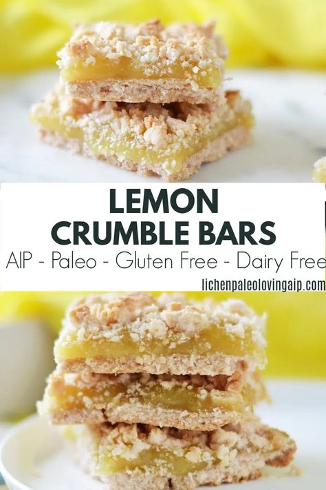 These lemon crumble bars are the perfect tart and sweet dessert. They’re also completely AIP, paleo, gluten, dairy, and egg free! Aip Baked Goods, Aip Cake Recipes, Lemon Crumble Bars, Aip Lunch, Aip Paleo Desserts, Aip Cookies, Lemon Crumble, Aip Baking, Aip Diet Recipes